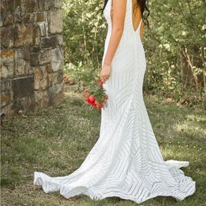 Elegant White Beaded Prom Dress with Low Back